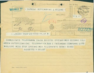 Item #63-8225 Telegram from Pietro Sella to Gianni Caproni, 1918. Pietro Sella