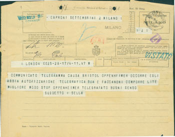 Item #63-8225 Telegram from Pietro Sella to Gianni Caproni, 1918. Pietro Sella.