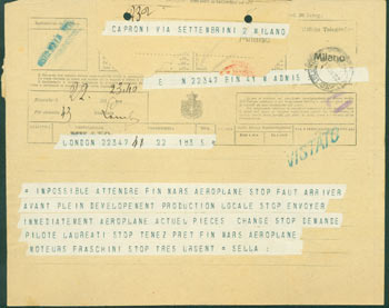 Item #63-8230 Telegram from Pietro Sella to Gianni Caproni, February 23, 1918. Pietro Sella.
