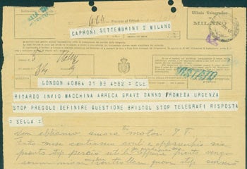 Item #63-8234 Telegram from Pietro Sella to Gianni Caproni, April 8, 1918, with MS notes penciled below. Pietro Sella.