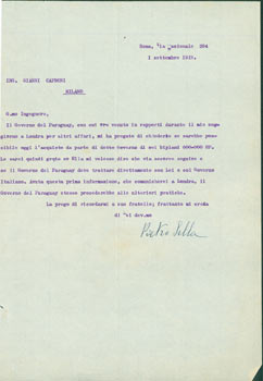 Item #63-8237 TLS from Pietro Sella to Gianni Caproni, September 1, 1918. RE: work for the government of Paraguay. Pietro Sella.