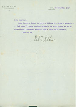Item #63-8238 TLS from Pietro Sella to Gianni Caproni, December 26, 1917. Pietro Sella