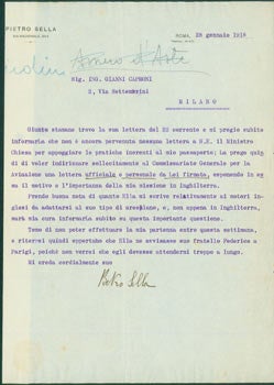 Item #63-8243 TLS from Pietro Sella to Gianni Caproni, January 28, 1918. Pietro Sella
