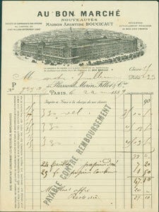 Item #63-8249 Au Bon Marche Nouveautes Maison Aristide Boucicaut. Receipt from Plassard, Morin,...