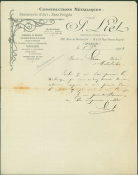 Item #63-8251 ALS from Liet (182 Rue de Belleville, Paris) to M. Lacan, 1901. Liet, Paris 182 Rue...