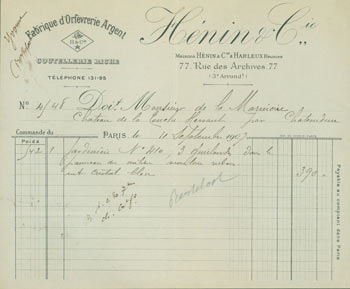 Item #63-8253 Receipt from Henin & Cie (77 Rue des Archives, Paris) to M. de la Marmiere, 11 September, 1907. Henin, Cie, Paris 77 Rue des Archives.