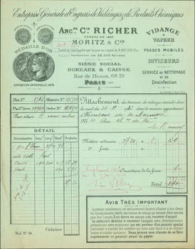 Item #63-8256 Receipt from Mortiz & Cie (68-70 Rue de Meaux, Paris). to M. de la Marmiere, 24...