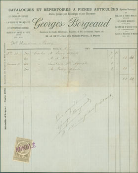 Item #63-8261 Receipt from Georges Borgeaud (41 Rue des Saintes-Peres, Paris) to Monsieur Passy,...