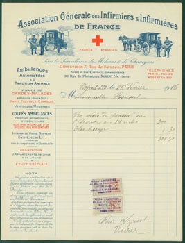 Item #63-8263 Receipt from Association Generale des Infirmiers & Infirmieres de France (7 Rue des Sevres, Paris) to Mlle. Roussel, February 28, 1918. Association Generale des Infirmiers, Infirmieres de France, Paris 7 Rue des Sevres.