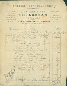 Item #63-8265 Receipt from Ch. Subran (21-27 Rue Daru, Paris) to Monsieur Passy, December 23,...