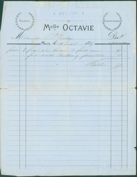 Item #63-8266 Receipt from Ch. Subran (21-27 Rue Daru, Paris) to Mlle. [Racher], March 11, 1873....