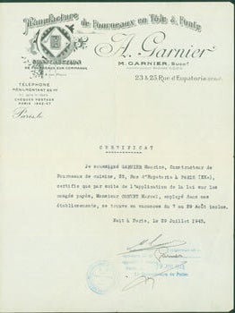 Item #63-8273 TLS from A. Garnier (23 & 25 Rue d'Eupatoria, Paris) July 29, 1943. Paris 25 Rue...