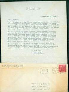 Item #63-8286 TLS J. Francis Downey to Audrey Spencer (Arellanes), November 21, 1940. J. Francis...