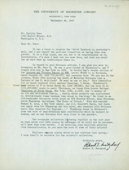Item #63-8303 TLS Robert F. Metzdorf to Carlyle Baer, September 26, 1947. Carlyle S. Baer, Robert...