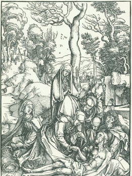 Item #63-8340 Die Beweinung Christi. Deutsche Schule. XVI Jahrhundert Holzschnitt. Bartsch no....