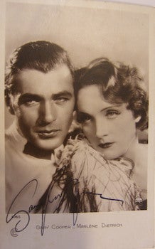 Item #63-8676 Gary Cooper Autographed Post Card, with Cooper & Marlene Dietrich. Still from the film Morocco. Films Paramount.