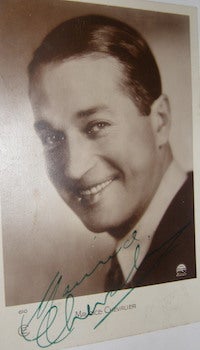 Item #63-8721 Maurice Chevalier autographed post card. Films Paramount, Maurice Chevalier, Paris
