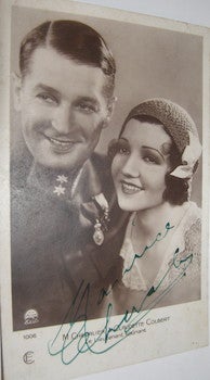 Item #63-8723 Maurice Chevalier autographed post card, which also features Claudette Colbert....