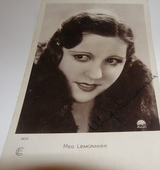 Item #63-8801 Post card autographed by Meg Lemonnier. Films Paramount, Meg Lemonnier, Paris.