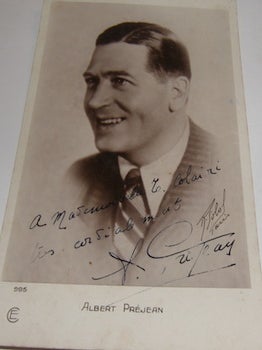 Item #63-8869 Post Card autographed by Albert Prejean. Cinemagazine, Albert Prejean, Paris