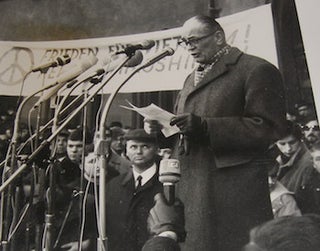 Item #63-8996 B&W Photograph of German politician Martin Niemoller speaking at a disarmament...