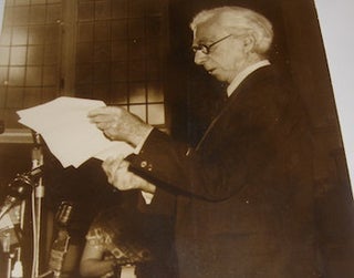 Item #63-9009 B&W Photograph of Bertrand Russell at a press conference at Caxton Hall in London,...