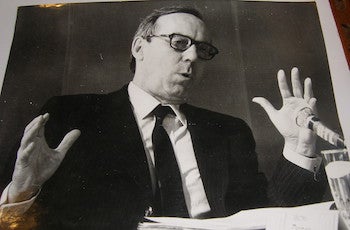 Item #63-9011 B&W Photograph of French politician Michel Debre debating French communist Georges Marchais, February 13, 1973. Photo Keystone, Paris.