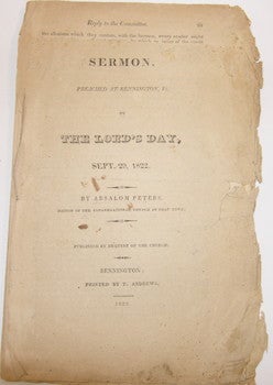 Item #63-9078 Sermon Preached At Bennington, Vt. On The Lord's Day, Sept. 29, 1822. Absalom Peters