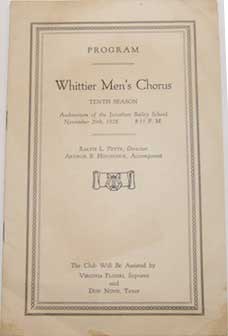 Item #63-9098 Program for Whittier Men's Chorus, Tenth Season, Auditorium of the Jonathan Bailey...