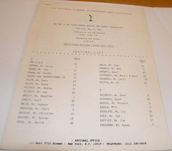 Item #63-9112 Welcome To The Eighth Annual Daytime Emmy Awards Presentation, Thursday, May 21, 1981. Seating List. National Academy Of Television Arts And Sciences.