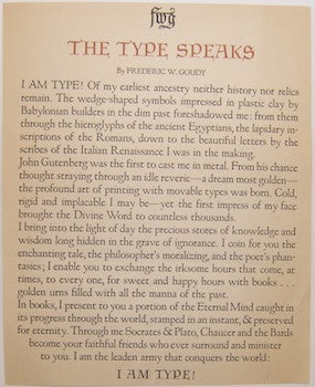 Item #63-9333 The Type Speaks. Frederic W. Goudy, des