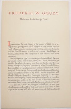 Item #63-9336 Frederic W. Goudy: the Intimate Recollections of a Friend. Mackenzie, Inc Harris,...