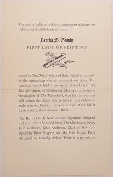 Item #63-9342 Bertha Goudy: First Lady Of Printing. Typophiles, Distaff Side, Peter Pauper Press Edna Beilenson, NY Mt. Vernon.