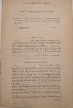 Item #63-9488 Russian Medical Department. Copy of Report on the Organisation of the Russian Medical Department, and the Sanitary State of their Crimean Hospitals. Frederick Peel, British House of Commons, United Kingdom War Office.