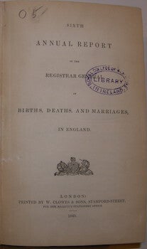 Item #63-9491 Sixth Annual Report Of the Registrar General of Births, Deaths, and Marriages, in...