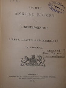 Item #63-9492 Eighth Annual Report Of the Registrar General of Births, Deaths, and Marriages, in...