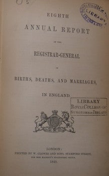 Item #63-9492 Eighth Annual Report Of the Registrar General of Births, Deaths, and Marriages, in...