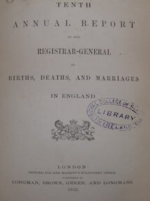 Item #63-9496 Tenth Annual Report Of the Registrar General of Births, Deaths, and Marriages, in...