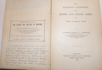 Item #63-9502 The Sanitary Contrasts Of The British And French Armies During The Crimean War. Presentation copy to the Royal United Service Institution, signed by Wolseley. on bookplate inside cover, with inscription from the author (Surgeon General Longmore) to Wolseley removed, according to MS note facing title page. Thomas Longmore, Lord Garnet Joseph Wolseley.