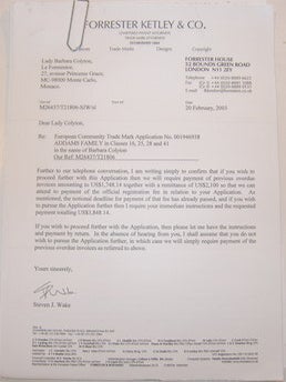 Item #63-9612 European Community Trademark Application No. 001946938. Addams Family. Sent to Lady...