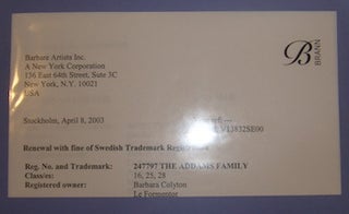 Item #63-9624 Swedish Trademark Registration for The Addams Family. Sent to Lady Barbara Colyton,...