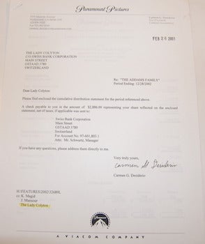 Item #63-9626 Distribution Statement for "The Addams Family" period ending 12/28/2002. To The...