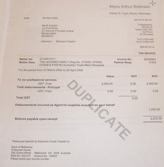 Item #63-9632 Australian Tax Invoice to Lady Colyton, 2002, re: Addams Family. Patent Allens...