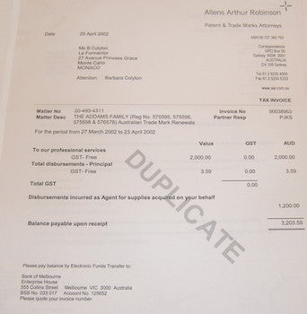 Item #63-9632 Australian Tax Invoice to Lady Colyton, 2002, re: Addams Family. Patent Allens Arthur Robinson, Trade Marks Atttorneys.