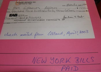 Item #63-9633 New York Bills Paid. Copies of Checks from Lady Colyton, Reimbursement Records, & related material, 2002-3. Copy of Blueprints for Charles Addams Fine Arts Hall @ University of Pennsylvania. Lady Colyton.