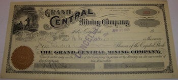 Item #63-9781 Capital Stock in Grand Central Mining Company. Mines located at Tintic Mining District, Utah. 200 Shares. Grand Central Mining Company.