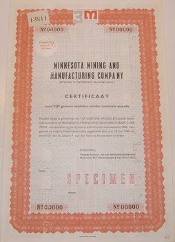 Item #63-9794 Sample Specimen of Stock Certificates by the 3M Company. 3M Company