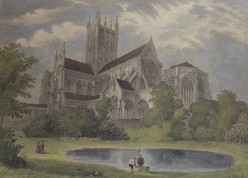 Item #63-9937 Wells Cathedral, South East View. Hand-colored Engraving. Hablot Browne, B. Winkles, illustr., engrav.