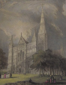 Item #63-9943 Salisbury Cathedral, West Front. Hand-colored Engraving. Hablot Browne, B Winkles,...