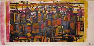 Item #65-0105 4 color woodcut. (City Skyline). Keith Whitmore
